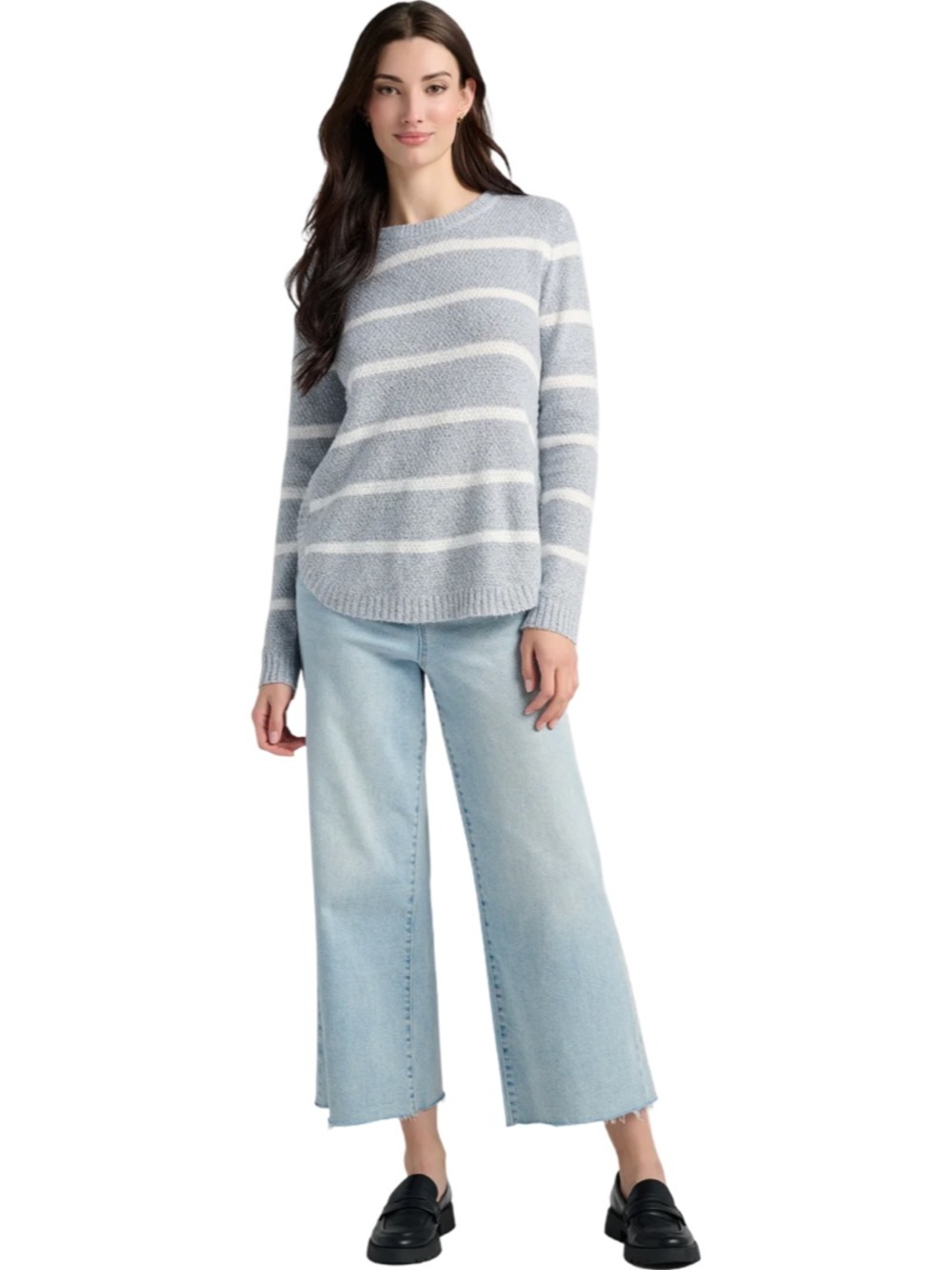 NWOT Staccato Women’s Waffle Stripe Pullover Sweater Gray Ivory Medium